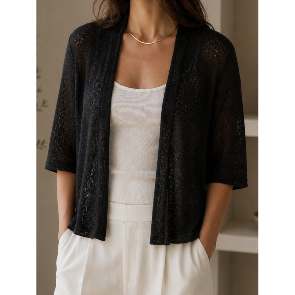 Eileen Fisher 100% Linen Open Front Cardigan XS Black Lightweight Layer Casual